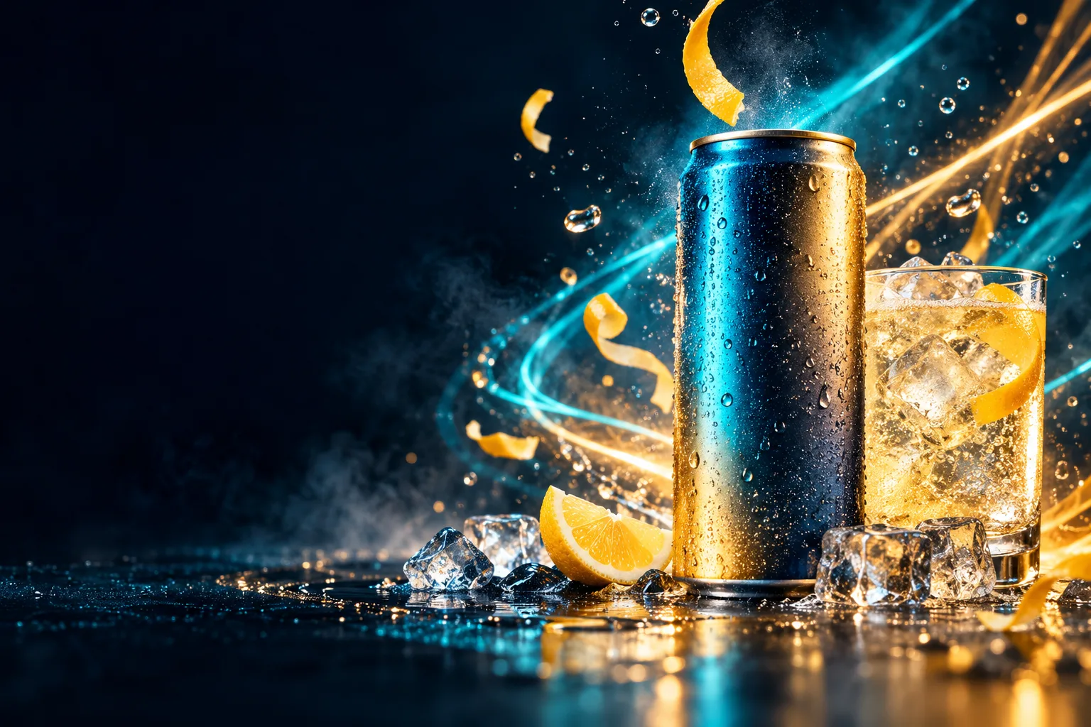 Premium sparkling beverage advertising creative with cyan and gold lighting
