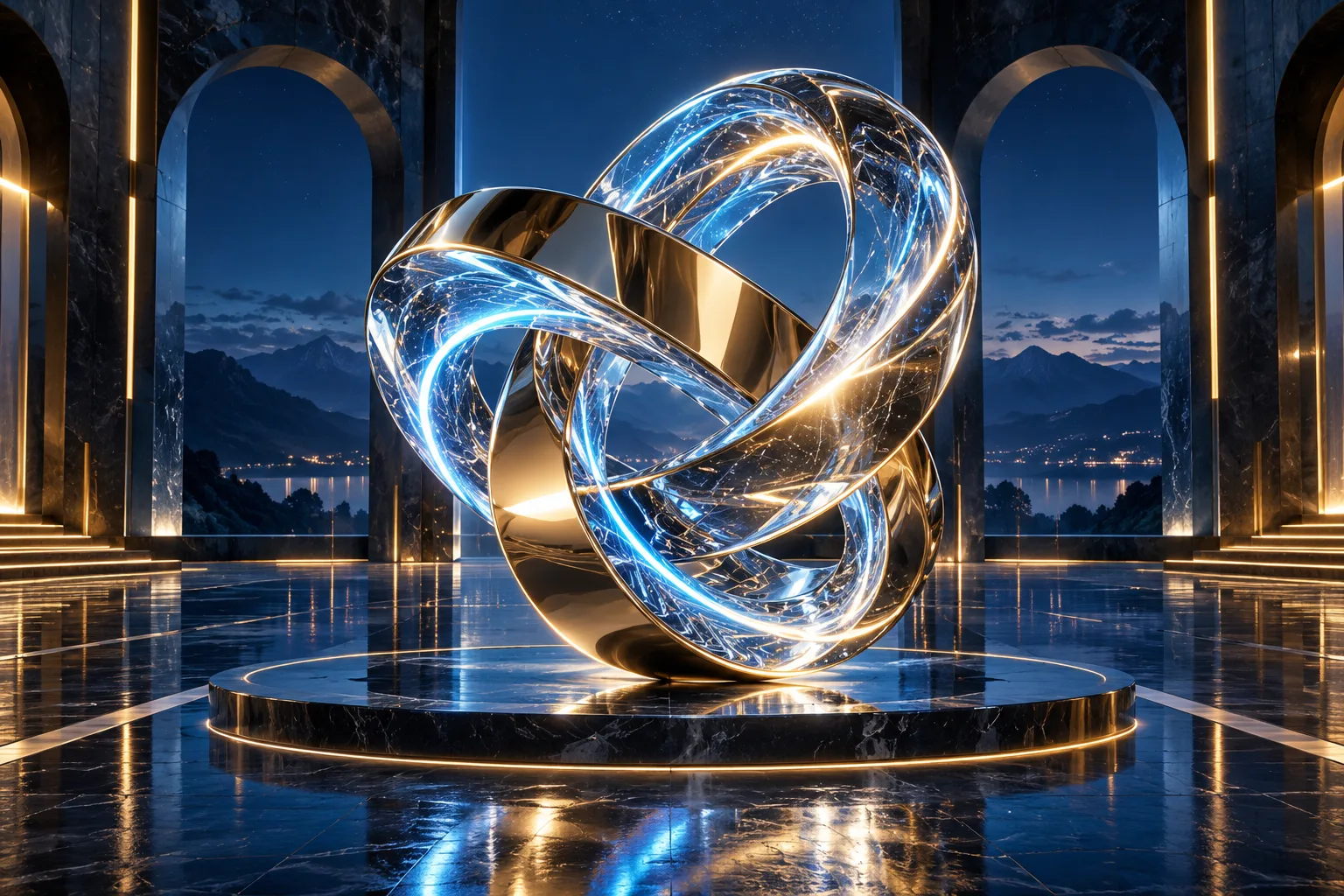 Abstract glass and gold AI-generated visual in a cinematic gallery