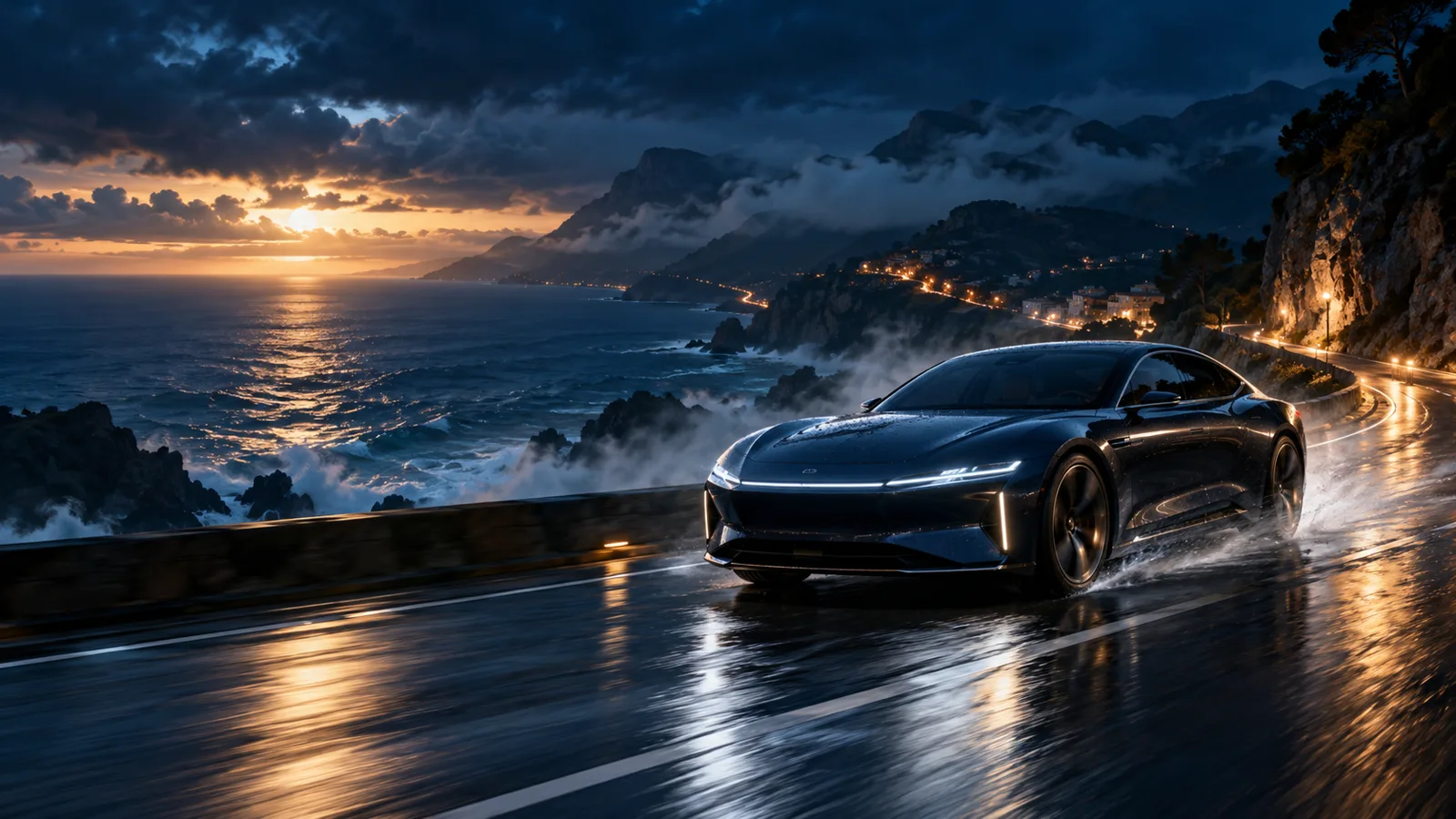 Cinematic luxury electric vehicle campaign scene on a coastal road
