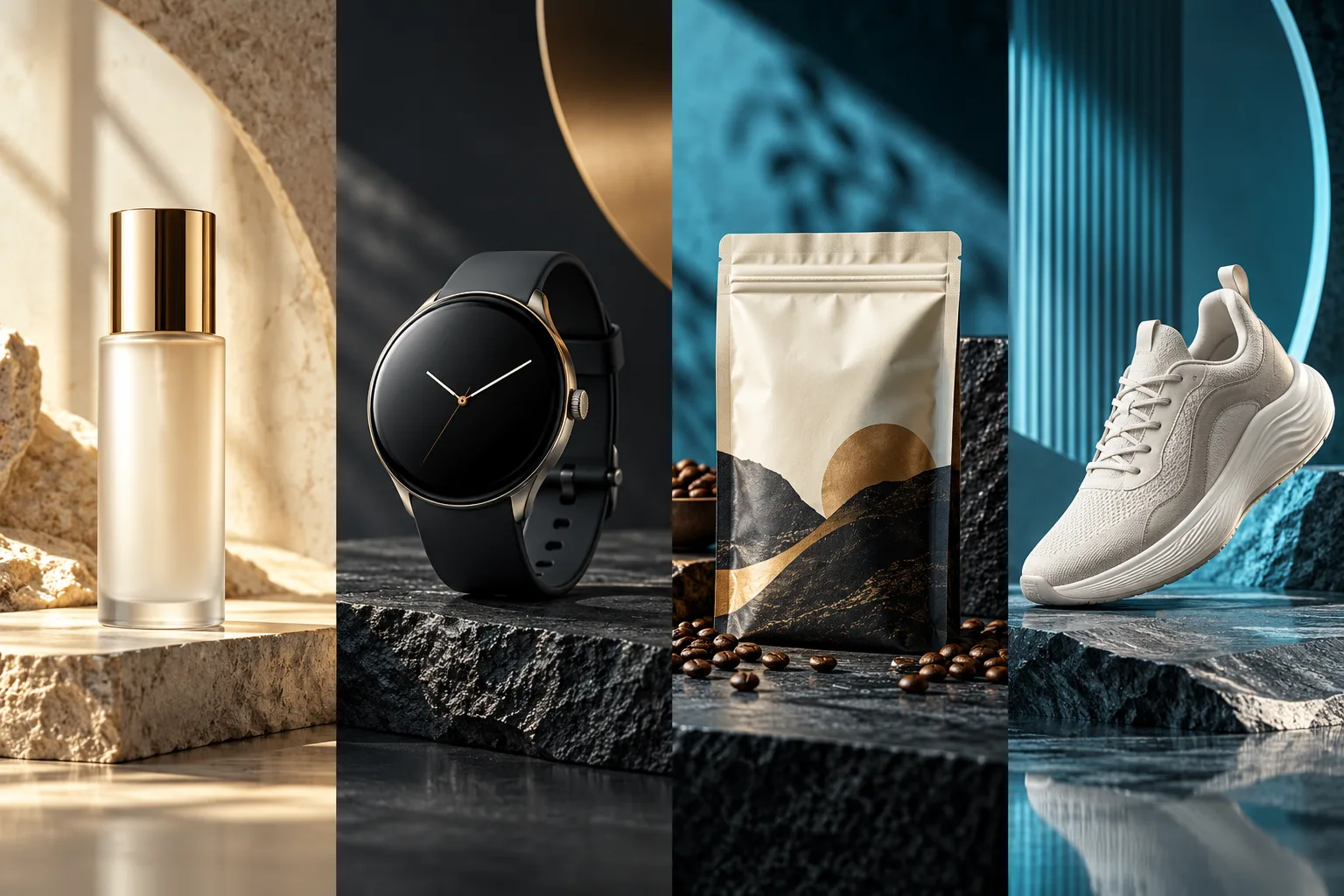 Four product imagery examples featuring skincare, a watch, coffee packaging, and a sneaker
