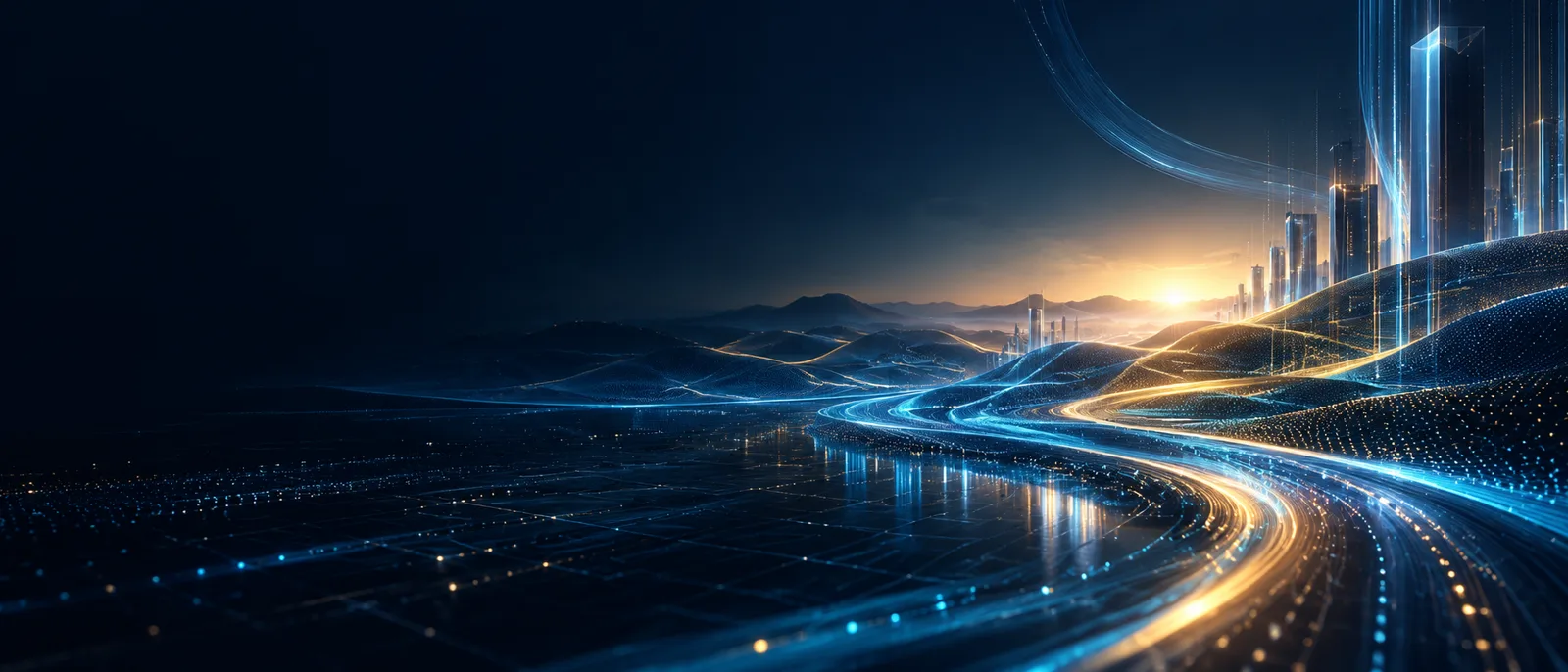Wide midnight blue and gold AI technology website banner